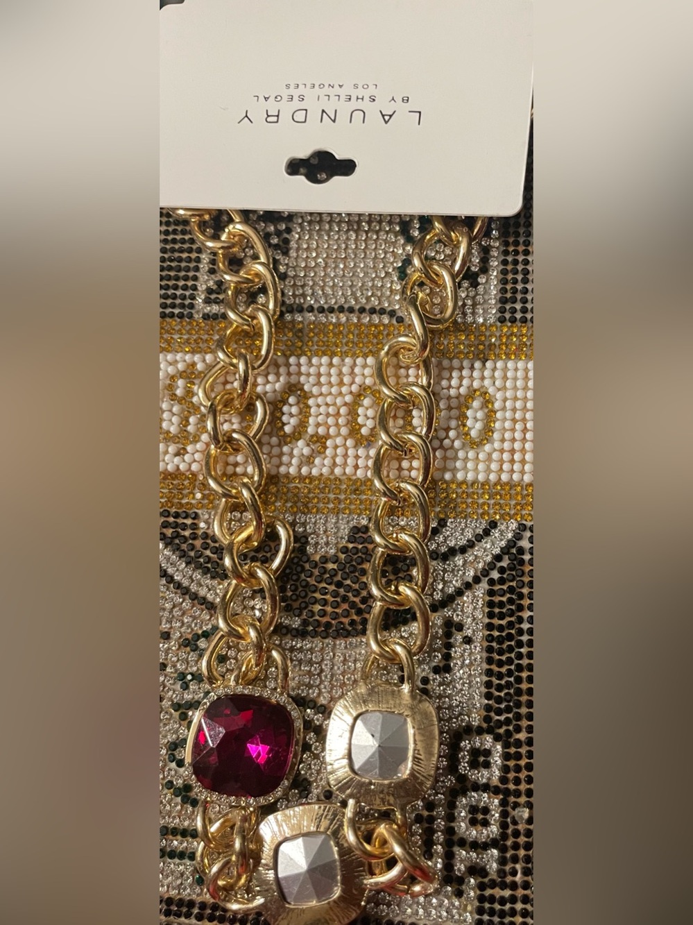 Laundry By Shelli Segal Gold Chain Necklace with Red and Clear Gem Accents